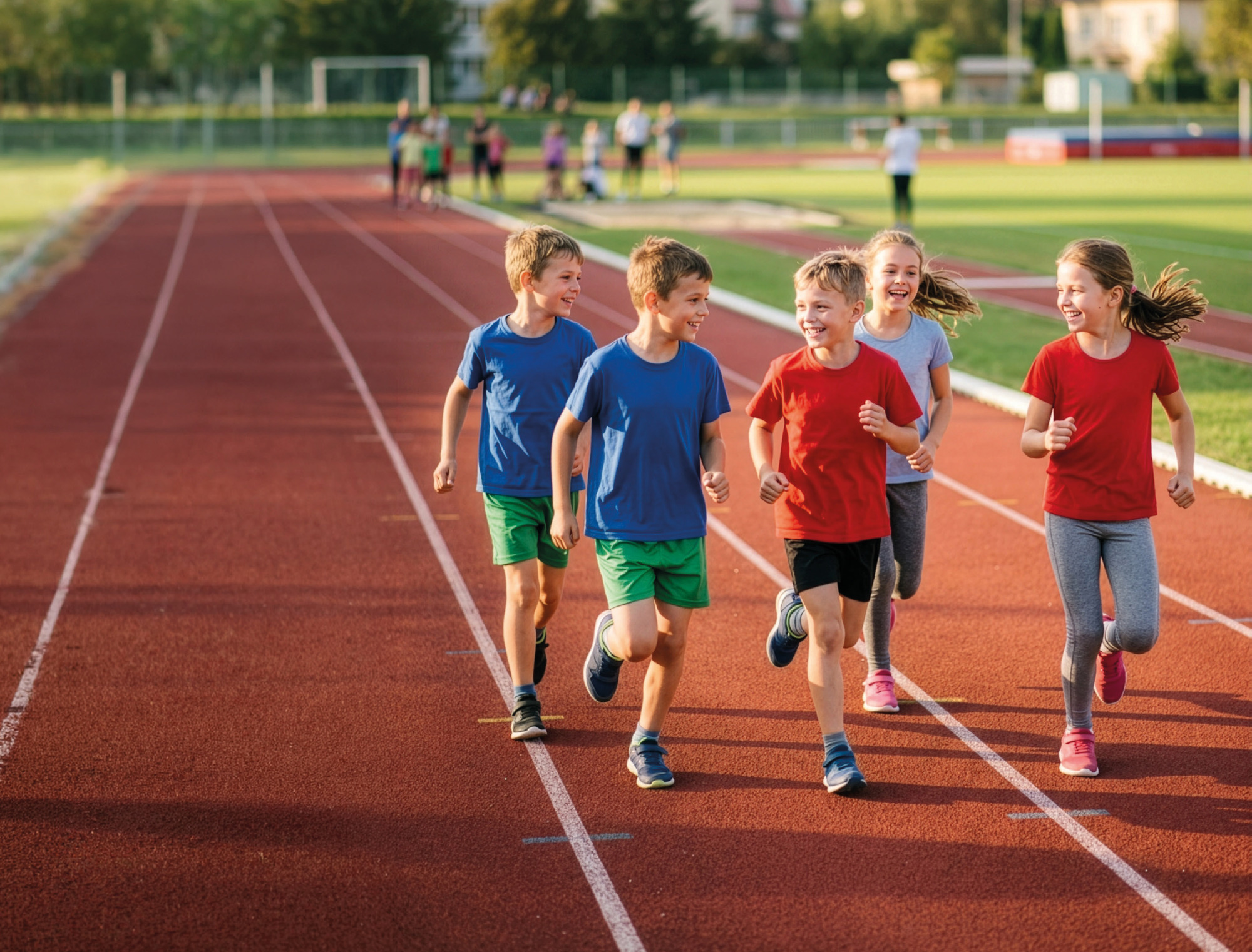 Deti behajú na atletickej dráhe
